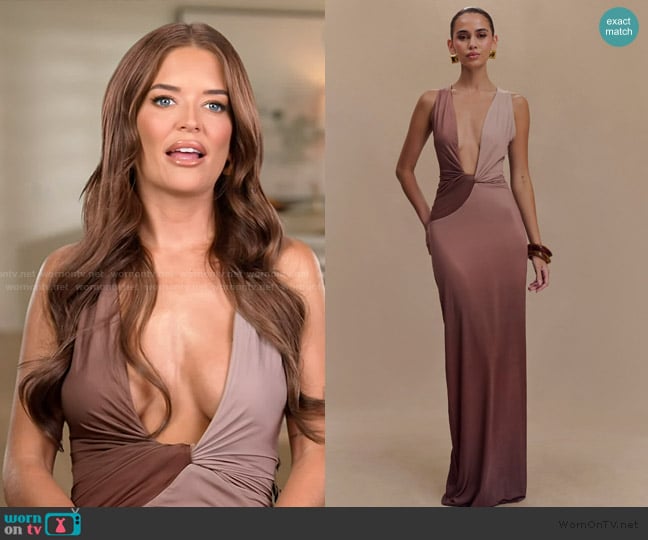Meshki Stella Draped Slinky Maxi Dress in Mocha Ombre worn by Salley Carson on Southern Charm
