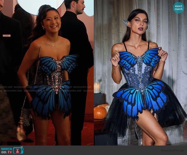 Mew Mews Phaedra Butterfly Tulle Trimmed Mini Dress worn by Mindy Chen (Ashley Park) on Emily in Paris