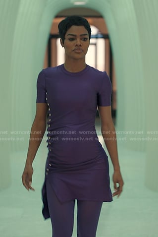 Milan's purple button detail mini dress on Alls Fair