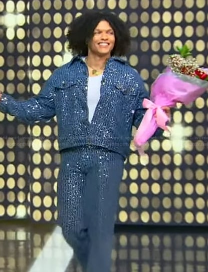 Miles Moon’s blue sequin jacket and pants on Tamron Hall Show