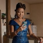 Mindy’s blue leather top and floral denim shorts on Emily in Paris