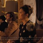 Mindy’s black embellished cutout fringed dress on Emily in Paris