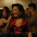 Mindy’s black floral applique corset top on Emily in Paris