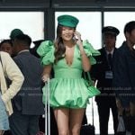 Mindy’s green ruffle shoulder pluging top on Emily in Paris