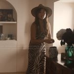 Mindy’s zebra stripe maxi dress on Emily in Paris