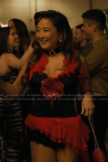 Mindy's black floral applique corset top on Emily in Paris