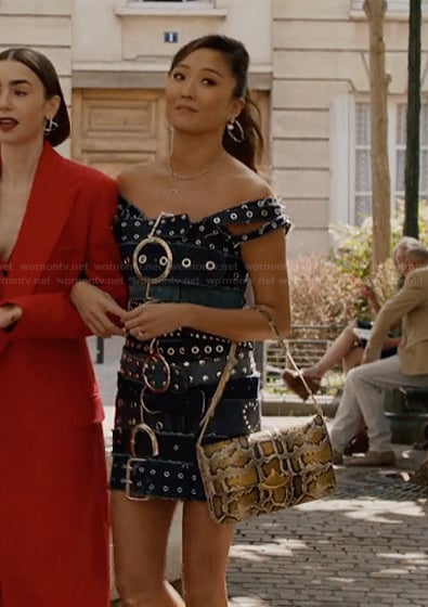 Mindy’s belt buckle dress on Emily in Paris