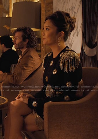 Mindy's black embellished cutout fringed dress on Emily in Paris