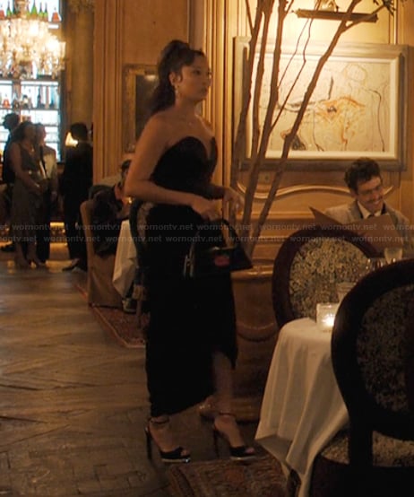 Mindy's black sweetheart dress on Emily in Paris