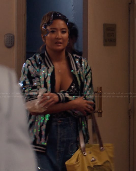 Mindy's embellished bodysuit on Emily in Paris