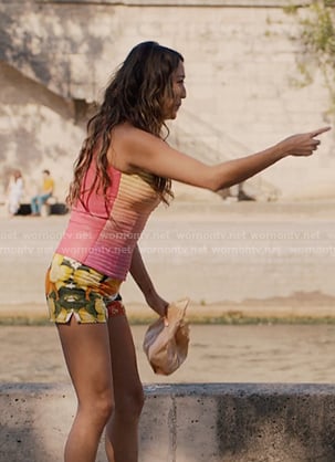 Mindy's fruits print shorts and pink chunky platform pumps on Emily in Paris