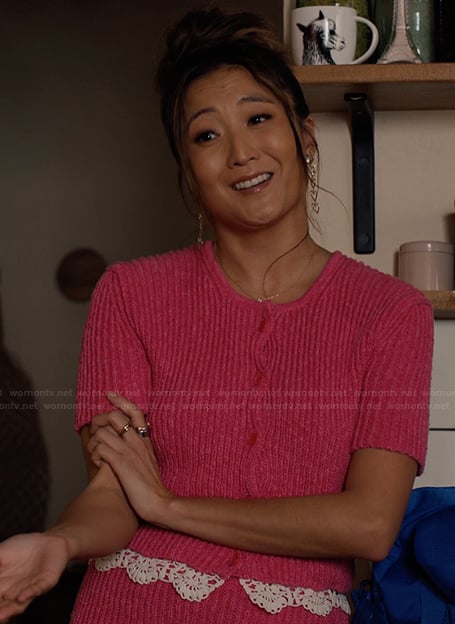 Mindy's pink lace trim cardigan and shorts on Emily in Paris