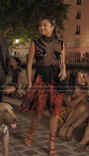 Mindy's red embellished heel sandals on Emily in Paris