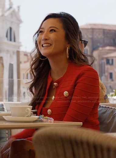 Mindy’s red ribbed cardigan and shorts on Emily in Paris