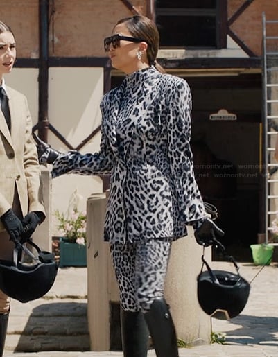Mindy's white leopard print blazer and jumpsuit on Emily in Paris