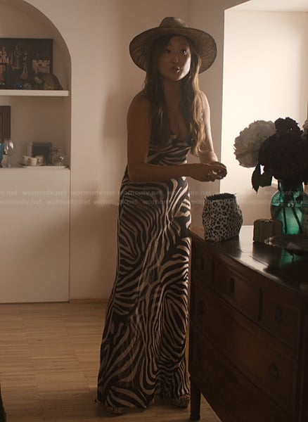 Mindy's zebra stripe maxi dress on Emily in Paris