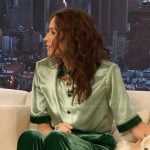 Minnie Driver’s green velvet trim top and pants
