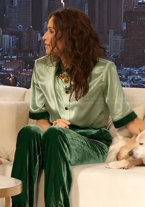 Minnie Driver's green velvet trim top and pants
