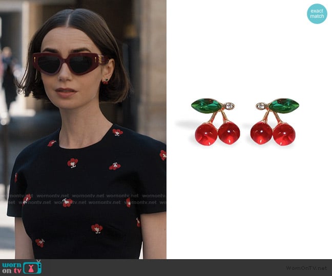 Emily’s cherry earrings on Emily in Paris Emily’s cherry earrings on Emily in Paris