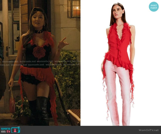 Mirae Joya Top in Rouge worn by Mindy Chen (Ashley Park) on Emily in Paris