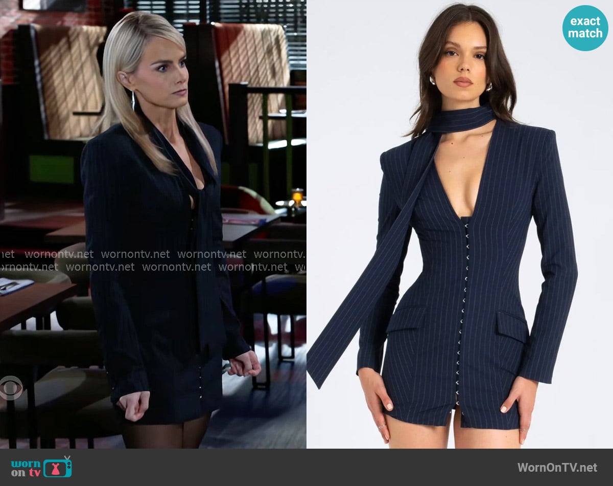 Miss Circle Tahlia Deep V Pinstripes Navy Blue Blazer Dress with scarf collar worn by Vanessa McBride (Lauren Buglioli) on Beyond the Gates