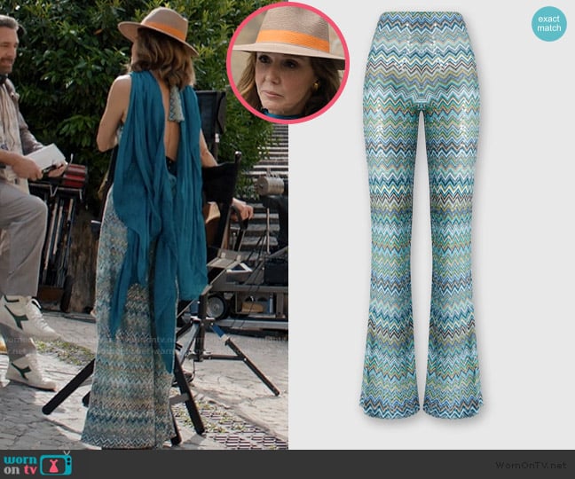 Missoni Flare trousers in zig zag lame viscose with sequins and fringes worn by Sylvie (Philippine Leroy-Beaulieu) on Emily in Paris