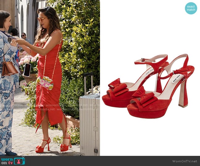 Miu Miu Suede Bow Ankle Strap Platform Sandals in Red worn by Mindy Chen (Ashley Park) on Emily in Paris