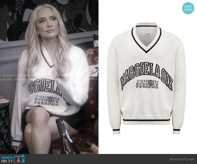 Erika’s white print v-neck sweater on RHOBH Erika’s white print v-neck sweater on RHOBH
