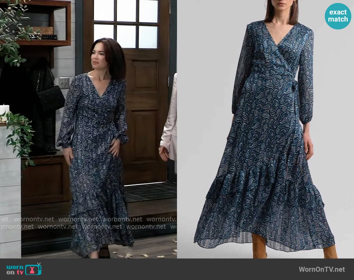 Molly Bracken Duck Egg Blue Maxi Wrap Dress worn by Elizabeth Webber (Rebecca Herbst) on General Hospital