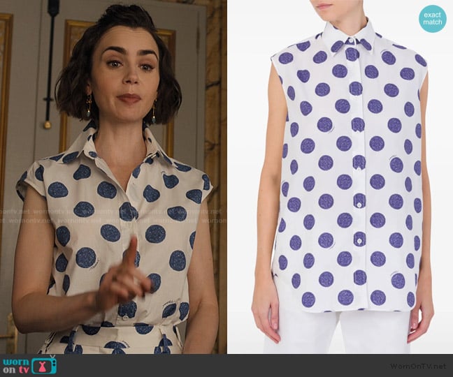 Emily’s white polka dot print top on Emily in Paris
