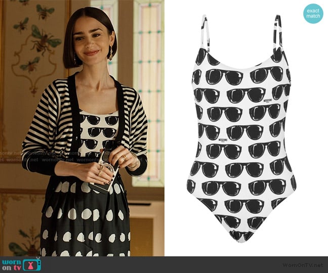 Moschino Sunglasses Printed One-piece Swimsuit In Multi worn by Emily Cooper (Lily Collins) on Emily in Paris