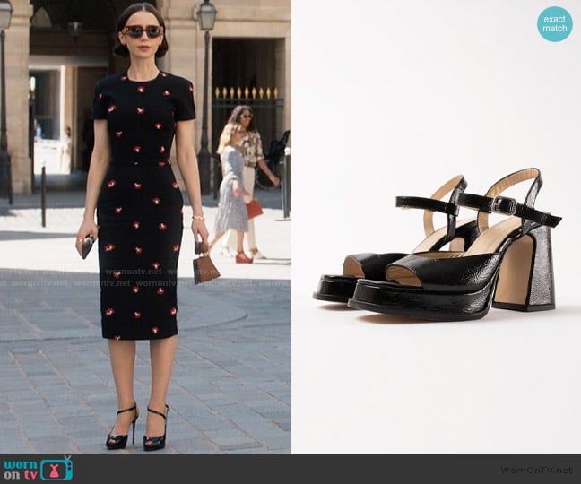 Mrtnz Gracia Black Wrinkled Patent Leather Platform Sandals worn by Emily Cooper (Lily Collins) on Emily in Paris