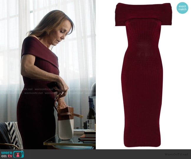 Mugler Off-shoulder knit dress worn by Sylvie (Philippine Leroy-Beaulieu) on Emily in Paris