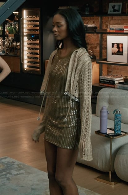 Nabria's embellished mini dress and cardigan on Elsbeth