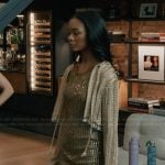 Nabria’s embellished mini dress and cardigan on Elsbeth