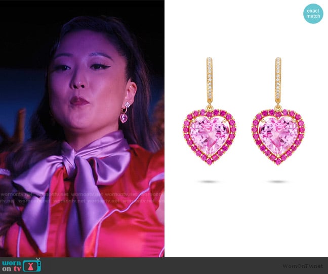 Nadine Aysoy Le Cercle Heart Shaped Pink Sapphire Earrings worn by Mindy Chen (Ashley Park) on Emily in Paris