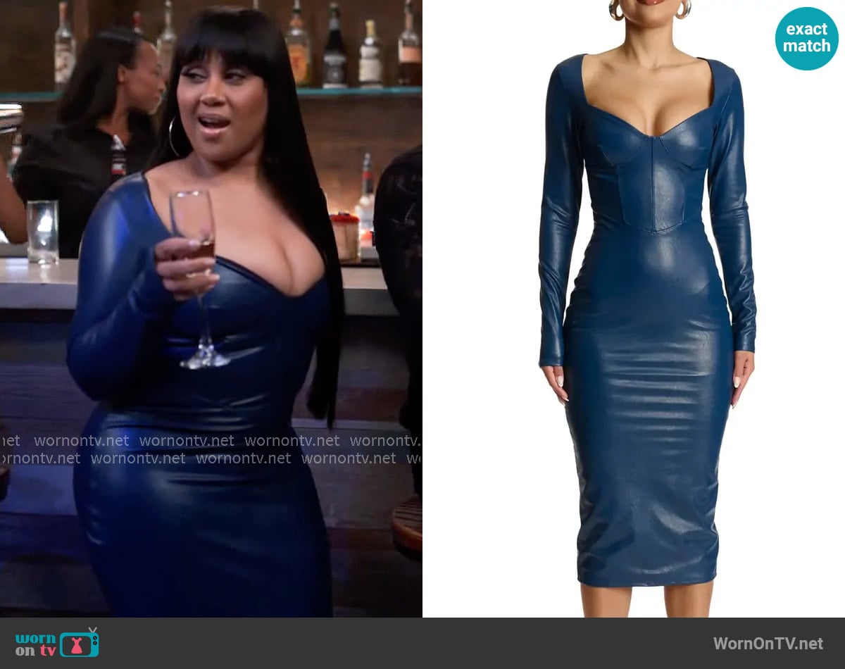 Naked Wardrobe Down to the Corset Long Sleeve Faux Leather Dress worn by Pam (Angie Beyince) on Tyler Perrys Sistas