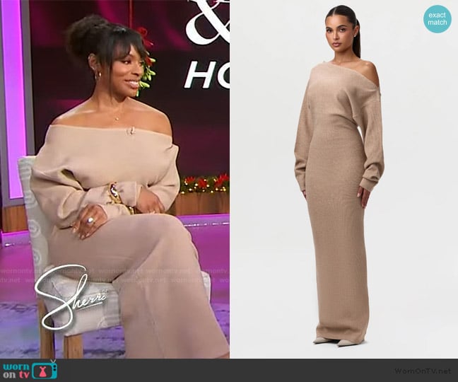 Naked Wardrobe Knit Off-Shoulder Sweater Maxi Dress worn by Devyn Simone on Sherri