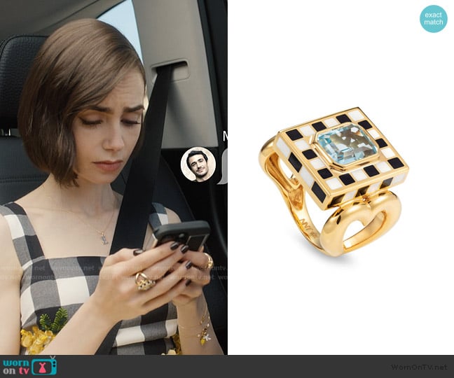 Never Not  Let’s play Chess Ring With Blue Topaz worn by Emily Cooper (Lily Collins) on Emily in Paris
