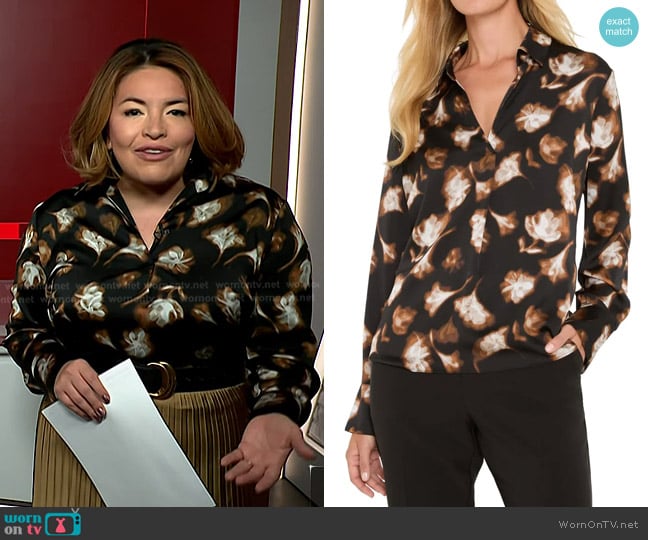 Gilma Avalos’s black floral print blouse on NBC News Daily Gilma Avalos’s black floral print blouse on NBC News Daily