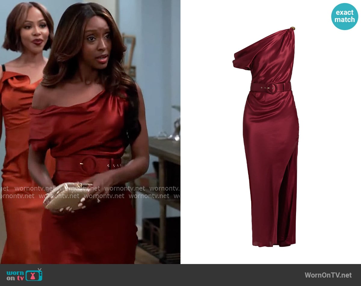 Nicholas the Label Halle Off-The-Shoulder Maxi Dress worn by Karen Mott (Ebony Obsidian) on Tyler Perrys Sistas