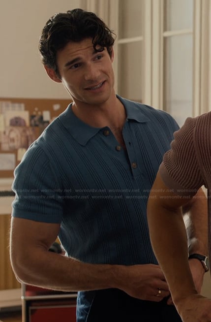 Nicolas’s blue ribbed polo on Emily in Paris