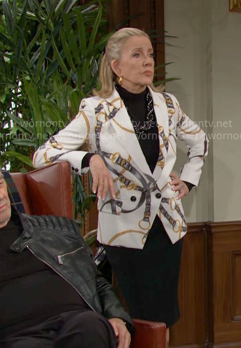 Nikki's belt and chain print blazer on The Young and the Restless