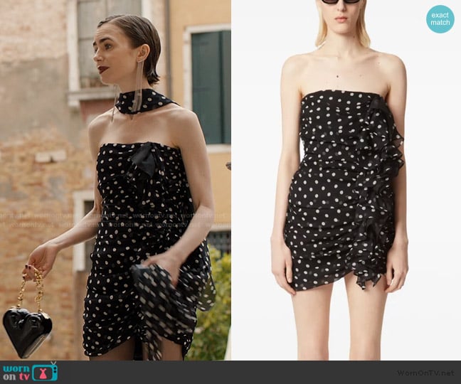 Nina Ricci Polka-dot mini dress worn by Emily Cooper (Lily Collins) on Emily in Paris