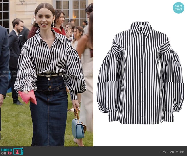 Nina Ricci Striped Shirt with Balloon Sleeves worn by Emily Cooper (Lily Collins) on Emily in Paris