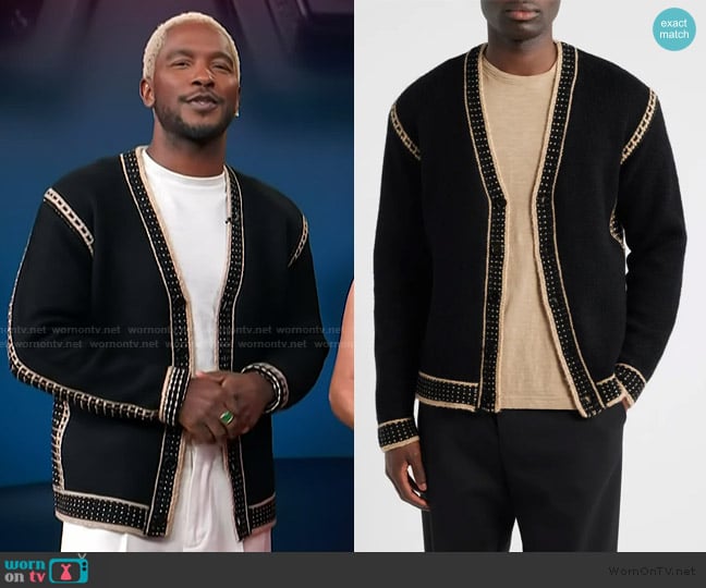 Scott’s black embroidered trim cardigan on Access Hollywood Scott’s black embroidered trim cardigan on Access Hollywood