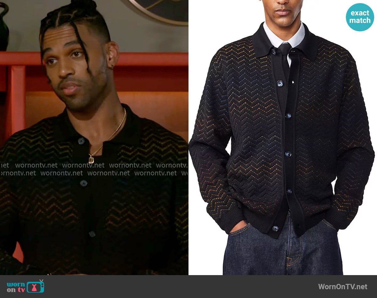 NN07 Thor Gradient Cardigan Sweater worn by Izaiah Hawthorne (David Lami Friebe) on Beyond the Gates
