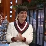 Noah Schnapp’s white varsity stripe sweater on The Kelly Clarkson Show