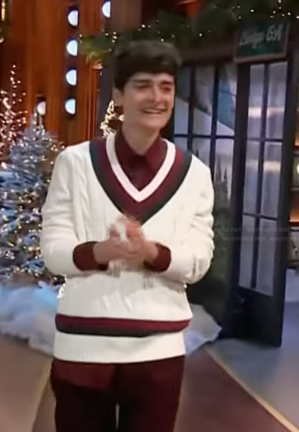 Noah Schnapp’s white varsity stripe sweater on The Kelly Clarkson Show