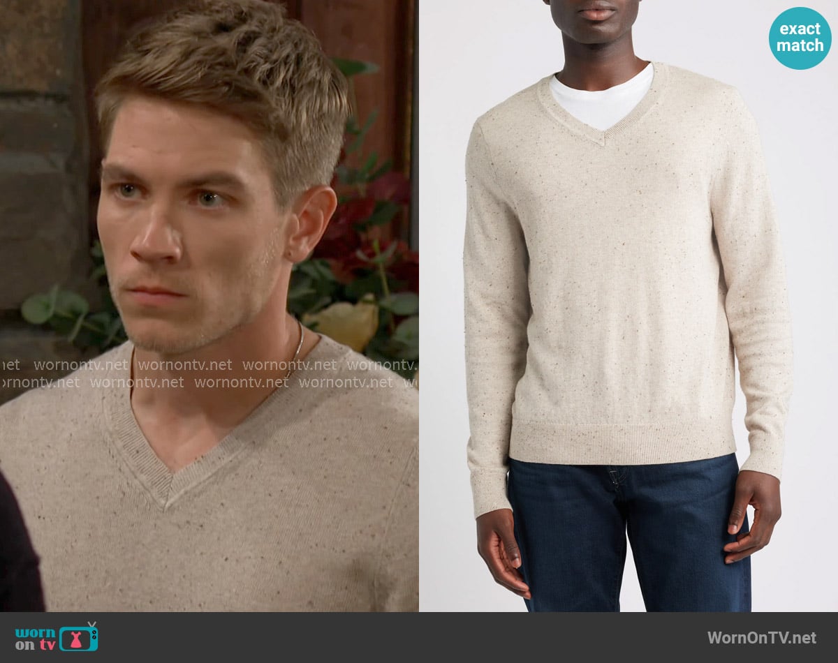 Nordstrom Cotton & Cashmere V-Neck Sweater in Oatmeal Donegal Heather worn by Noah Newman (Lucas Adams) on The Young and the Restless